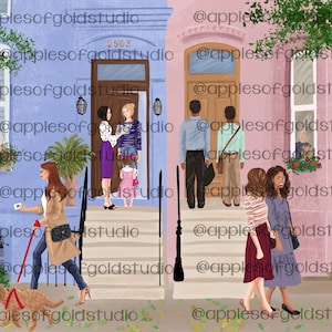 Könnte beinhalten: Illustration einer Straßenszene mit zwei Häusern, eines blau und eines rosa. Menschen sind vor den Häusern dargestellt, darunter eine Frau, die einen Hund ausführt, und Gruppen von Menschen auf den Stufen. Das Kunstwerk hat einen skurrilen, illustrativen Stil.