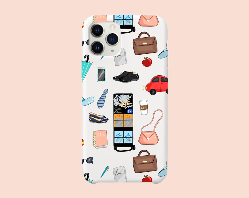 May include: White iPhone case with a colorful pattern of various objects, including a red car, a coffee cup, a pair of shoes, a briefcase, a tie, an umbrella, sunglasses, a notebook, and a makeup palette.