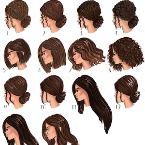 Pu&ograve; includere: Opzioni di acconciatura castano/abbronzato per un'illustrazione digitale. Ci sono 14 acconciature diverse tra cui scegliere, tra cui stili ricci, lisci e mossi.