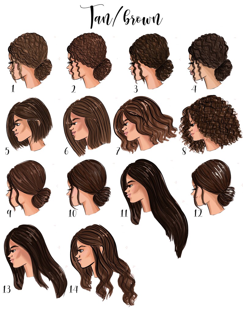 Pu&ograve; includere: Opzioni di acconciatura castano/abbronzato per un'illustrazione digitale. Ci sono 14 acconciature diverse tra cui scegliere, tra cui stili ricci, lisci e mossi.