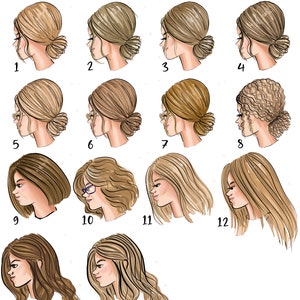 Pu&ograve; includere: Un'illustrazione digitale di 14 diversi stili di capelli per donne con capelli biondi o chiari. Le acconciature sono tutte di diverse lunghezze e stili, tra cui lisci, mossi, ricci e raccolti. Le illustrazioni sono in stile cartone animato e tutte rivolte a destra.