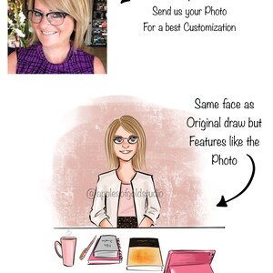 May include: A digital illustration of a woman with blonde hair wearing glasses and a white blazer. The illustration is on a pink background with the text "@applesofgoldstudio" and "Same face as Original draw but Features like the Photo".