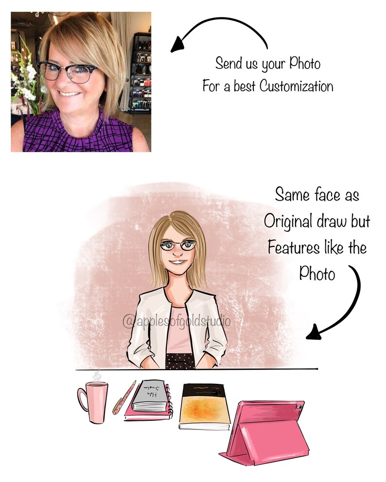May include: A digital illustration of a woman with blonde hair wearing glasses and a white blazer. The illustration is on a pink background with the text "@applesofgoldstudio" and "Same face as Original draw but Features like the Photo".