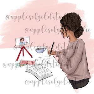 May include: Illustration of a person with dark curly hair, writing at a desk. A smartphone on a tripod displays a video. A cup of coffee and an open book are also on the desk. The background is a light pink wash.