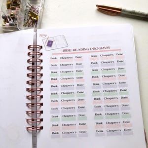 May include: Open spiral-bound notebook with a Bible reading program layout. The pages are white with a grid of boxes for tracking book, chapters, and date. A clear container of paperclips and a pen are in the background.