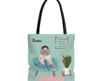 May include: A teal tote bag with a personalized name, a woman reading a book in a blue armchair, a potted plant, and a framed quote that reads "I really delight in the law of God."  Rom. 7:22