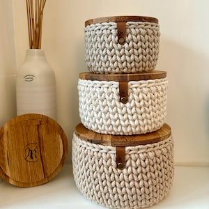 Häkelkorb mit Eichen Holz Deckel, rund verschiedene Größen,Bobbiny, Utensilo,