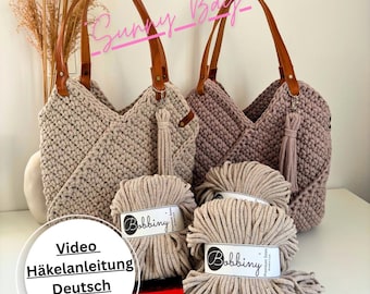 Crochet pattern for a "Sunny Bag" (German), video tutorial, PDF overview with video link, weaving and Rama yarn, language "German"