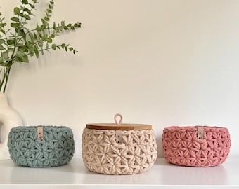 Cesta de almacenaje de crochet con estampado floral, con o sin tapa, de aproximadamente 18 cm de diámetro, Bobbiny, Primavera