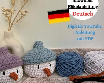 Videotutorial voor haakmandje “Kleine Sneeuwpop” met PDF-overzicht met videolink naar YouTube-video, weven en wol Rama, “Duits”