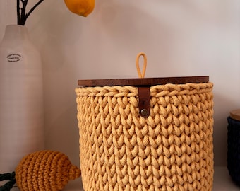 Cesta de ganchillo Preciosa, de 20 x 22 cm, con tapa de madera de roble,