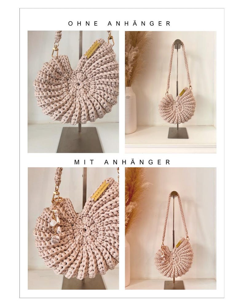 May include: A light beige crochet handbag with a shell-like spiral design and a matching braided strap. The bag features a small rectangular label and is shown in two versions: one without a charm and one with a dangling pearl-style charm.