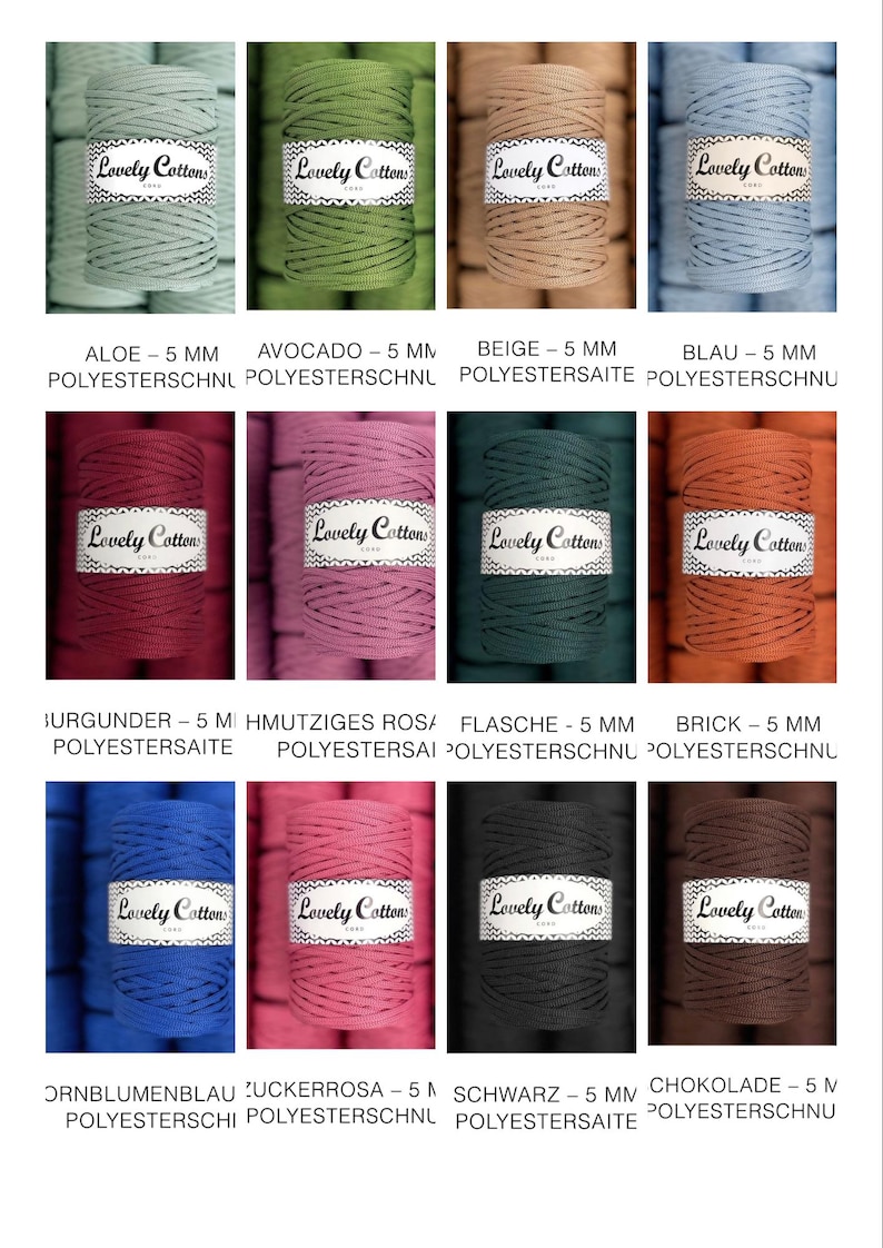 Op de afbeelding: Een collectie van twaalf spoelen van 5 mm polyesterkoord in diverse kleuren, waaronder alo&euml;, avocado, beige, blauw, bordeaux, oudroze, flessengroen, baksteen, korenbloemblauw, suikerroze, zwart en chocolade, elk met een Lovely Cottons label.