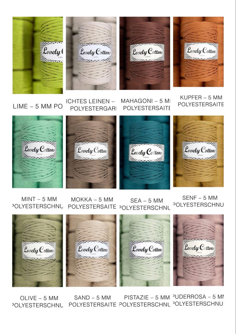 Op de afbeelding: Een collectie van twaalf spoelen van 5 mm polyesterkoord in diverse kleuren, waaronder limoen, linnen, mahonie, koper, munt, mokka, zee, mosterd, olijf, zand, pistache en poederroze. Elke spoel is voorzien van een wit label met de tekst Lovely Cottons.