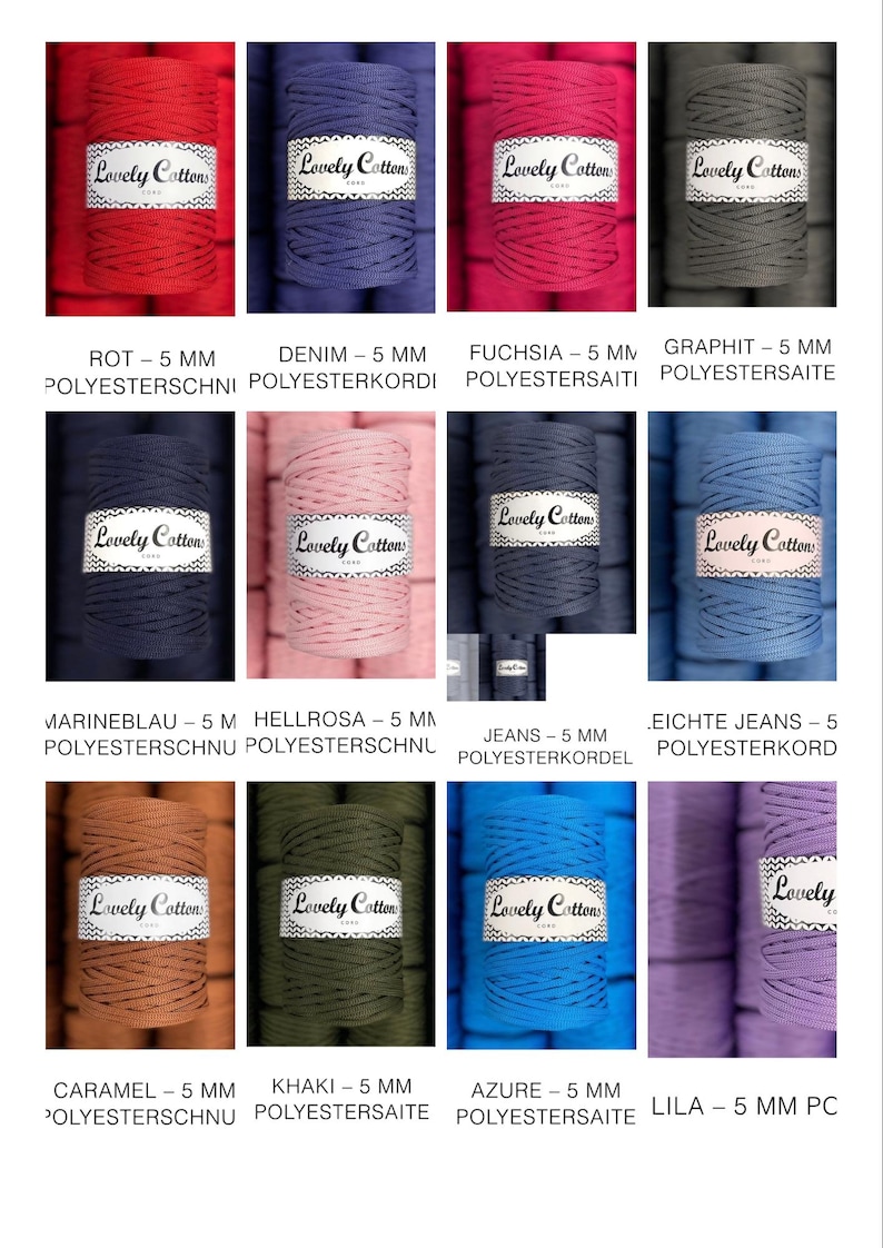 Op de afbeelding: Een collectie van twaalf spoelen van 5 mm polyesterkoord in diverse kleuren, waaronder rood, denim, fuchsia, grafiet, marineblauw, lichtroze, jeans, licht jeans, karamel, kaki, azuur en lila, elk voorzien van een Lovely Cottons label.
