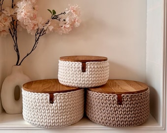 Cesta de crochet con tapa de madera de roble, redonda en 2 tamaños, cesta de pan, Bobbiny, Utensilo,