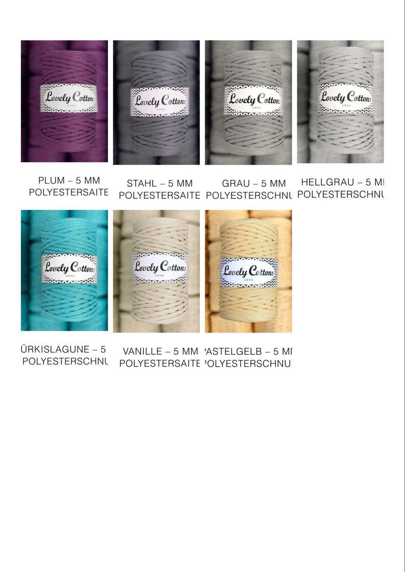 Op de afbeelding: Zeven spoelen van 5 mm polyesterkoord in diverse kleuren, waaronder pruim, staal, grijs, lichtgrijs, turquoise, vanille en pastelgeel. Elke spoel is voorzien van een wit papieren label met de tekst Lovely Cotton in zwarte letters.