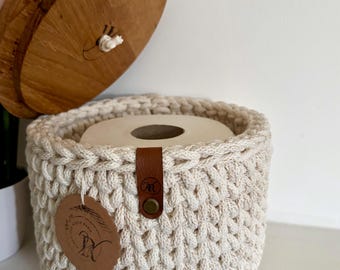 Cesta de crochet para papel higiénico con tapa de madera roble, redonda, Bobbiny, Utensilo,