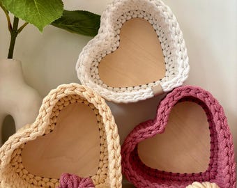 Cesta de ganchillo, “Corazón” Cuenco decorativo en forma de corazón, pequeño, regalo
