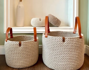 Cesta de crochet XL y XXL, Bobbiny redonda tejida a crochet en patrón neutro, tamaño grande.