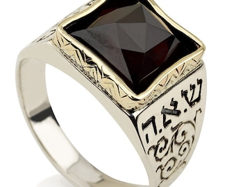 Zilveren en 14K gouden kabbala herenring met onyx-5 metalen - voor gezondheid en huwelijk. Joodse sieraden.Judaica.Faith Jewelry.Religious Gift