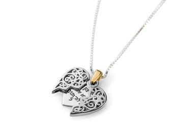 Opening heart pendant with silver and gold lettering, personal gift, engraving can be changed for personal filling.