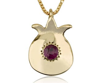 Kabbala-sieraden - granaatappel Hili gouden ketting met robijnrode steen– Ontvangen van overvloed, wijsheid en schoonheid voor vrouwen, Moederdagcadeau