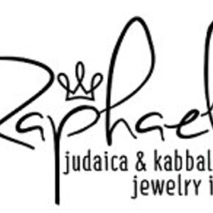 May include: A black and white logo for Raphael Judaica & Kabbalah Jewelry Inc. The logo features a stylized cursive font with a crown above the word "Raphael".