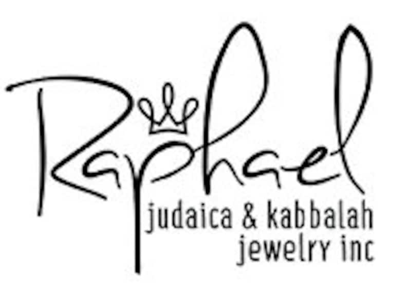 May include: A black and white logo for Raphael Judaica & Kabbalah Jewelry Inc. The logo features a stylized cursive font with a crown above the word "Raphael".