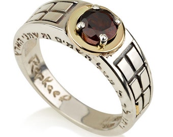 kabbakah sieraden - zilveren en gouden ring met granaatsteen- Gamla – Economisch succes voor vrouwen en mannen - kabbalah ring