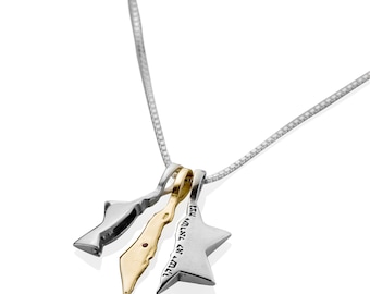 May include: A silver chain necklace with three charms: a silver star of David, a gold outline of Israel, and a silver star of David with the Hebrew words "Eretz Yisrael" inscribed on it.