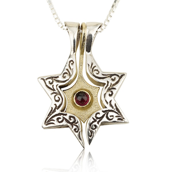 Star of David necklace, magen david - silver and gold with cat eye/ruby stone pendant for women/men, evil eye necklace, judaica necklace