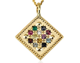 Ruithanger 14k goud met 12 Hoshen-stenen, religieuze ketting voor vrouwen, religieus geschenk: gouden kabbala-ketting hogepriester.