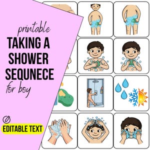 Shower Sequence for Boys, Autism AAC, Communication Visual, Special Needs, Life Skills for Autistic Children, ABA Printable, Editable PDF
