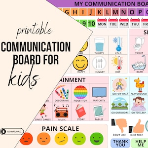 Op de afbeelding: Een printbaar communicatiebord voor kinderen met kleurrijke illustraties en tekst. Het bord bevat secties voor basisbehoeften, gevoelens, activiteiten en een pijnschaal. De tekst op het bord omvat "Mijn communicatiebord", "Triest", "Dorst", "Koud", "Toilet", "Gelukkig", "Honger", "Warm", "Bad", "Kleuren", "Fidget Toy", "TV kijken", "Wandelen", "Speeltuin", "Zingen/Dansen", "Muziek", "Verhaal", "Tablet", "Naar buiten", "Slapen gaan", "Vind ik niet leuk", "Vind ik leuk", "Dank je", "Help me", en "Pijnschaal".