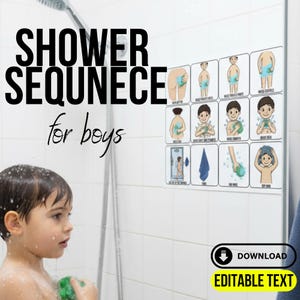 May include: A white tiled wall with a shower head and a young boy in the shower. A poster with illustrations of shower steps for boys is on the wall. The poster has the text "SHOWER SEQUENCE for boys" in black.