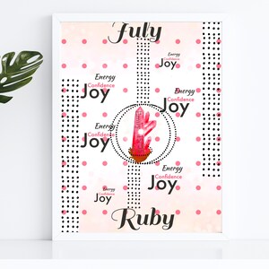 Può includere: Stampa incorniciata con le parole "July" e "Ruby". Il design presenta un'illustrazione centrale di un cristallo rosa, circondata dalle parole "Energy, Confidence, Joy" e pois rosa, su sfondo bianco.