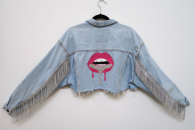 Rhinestone Dripping Lips Jean Jacket Sparkly Crystal Fringe Etsy
