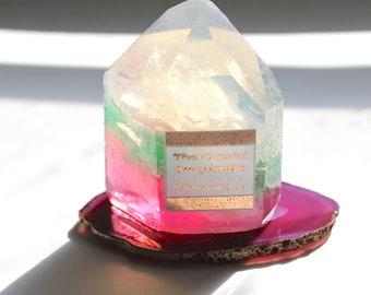 Agate soap dish and pink fluorite soap crystal set