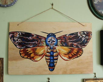 Hand Painted Death's Head Moth on Large Wooden Plaque- Original Acrylic Colorful Deaths Head moth painting- Insect, Nature, Entomology Art-