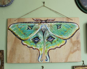 Luna Moth Painting- Art on Large Wooden Plaque-  Hand Painted Acrylic Colorful Luna Moth Painting-Insect, Nature wall decor Art- Actias luna