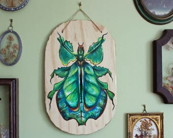 Hand painted Walking Leaf Insect On Large Wooden Plaque- Original Acrylic Leaf Insect- Insect, Nature, Entomology - Phyllium pulchrifolium