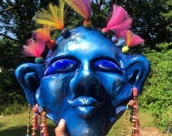 Large Blue Decorative Hand-Sculpted Mask