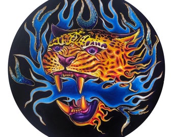 Jaguar Fire Painting, Acrylic and Glass Beads on 24" x 24" Round Canvas, Embellished Painting