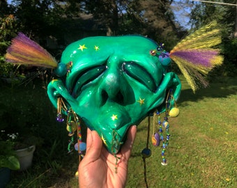 Green and Purple Decorative Hand-Sculpted Mask