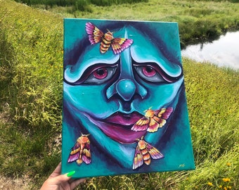Blue Portrait- 16" x 20" Painting- Rosy Maple Moth