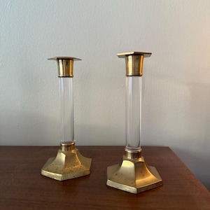 Vintage Lucite and Brass Candle Holders, Mid Century Modern Home Decor, Pair of Vintage Brass and Lucite Candlesticks, 70s 80s 90s Decor