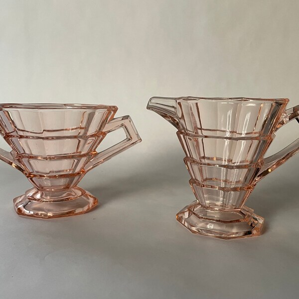 Vintage Indiana Glass “Tea Room” Pink Depression Glass Creamer and Sugar Set, Art Deco Style