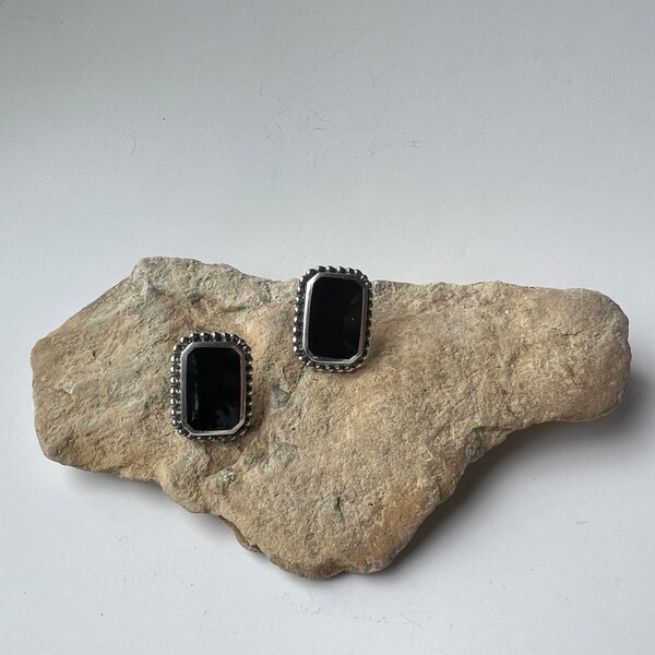XL Handmade Navajo Stamped Sterling Onyx Earrings