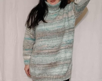 3 strands Hand Knit Mohair Sweater Fuzzy Turtleneck Jumper Pullover